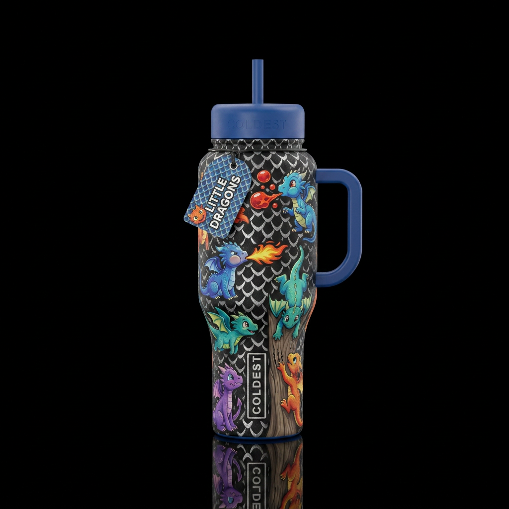 Baby dragons in blues, greens, purples, teals, red... water bottle design