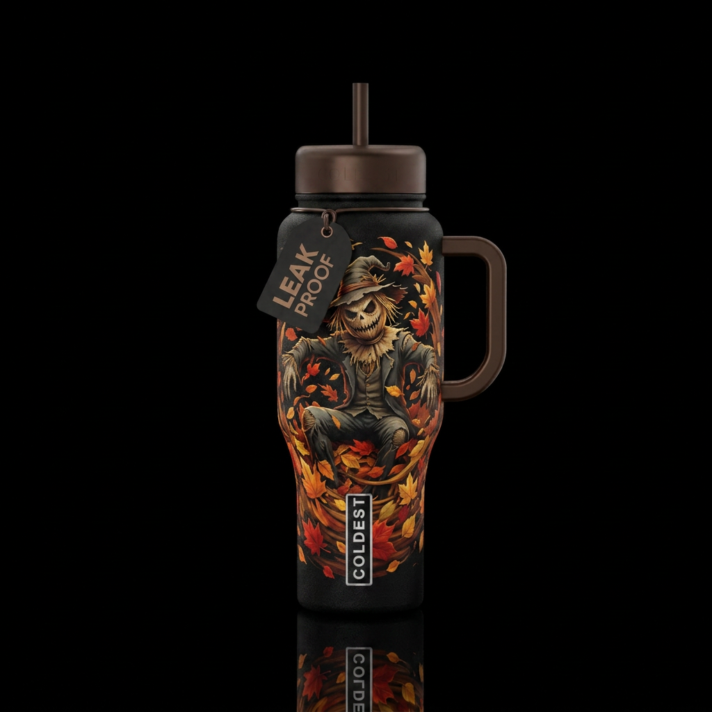 3d fall colored leaves swirling around a creepy sc... water bottle design