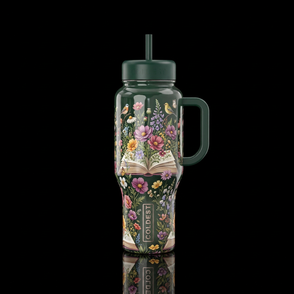 Flowers growing out of open books creating a meado... water bottle design