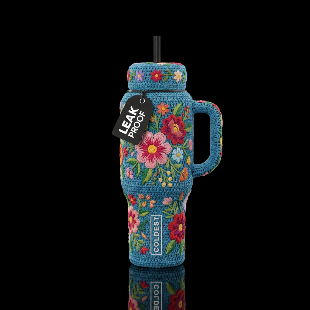 Crochet background with embroidered flowers water bottle design