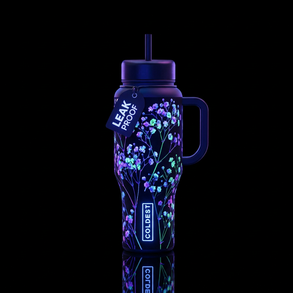Babies breath under black light water bottle design