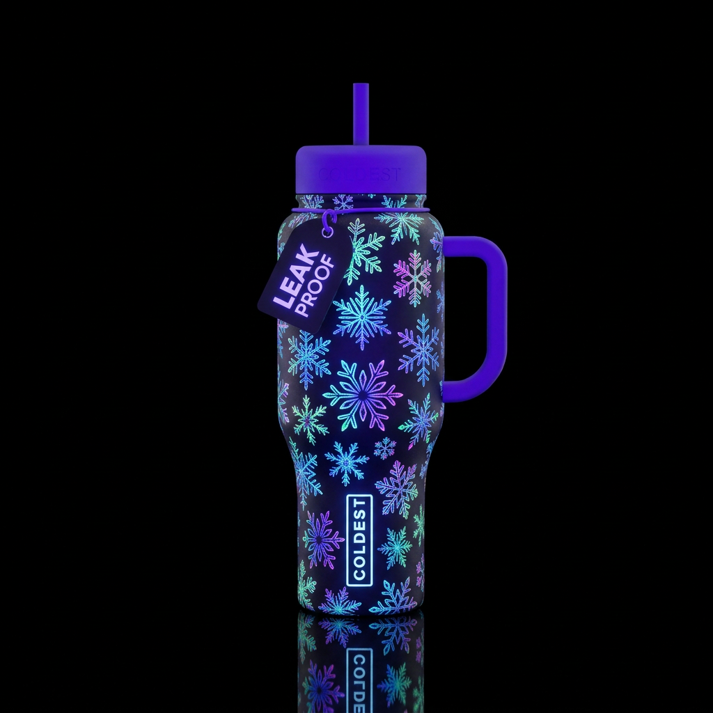 Snowflakes under black light water bottle design