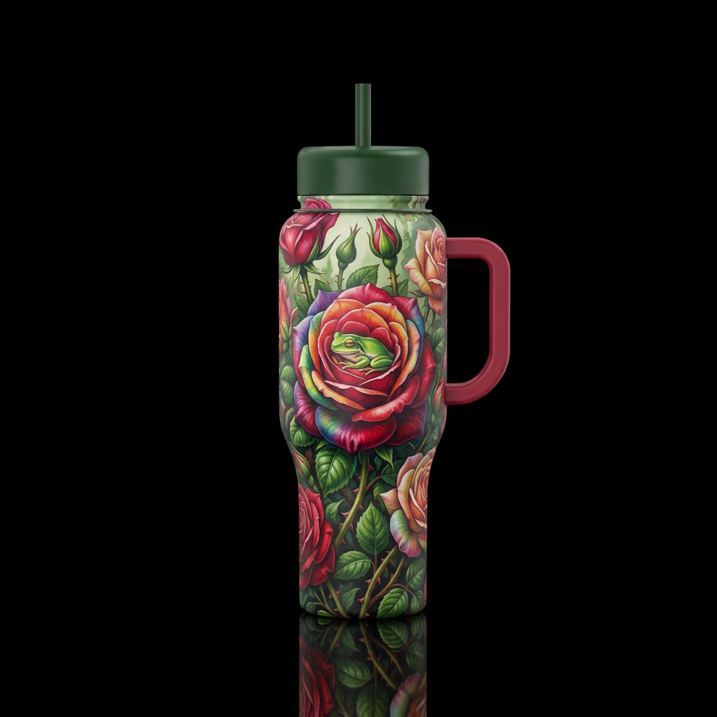 Baby Tree frog sleeping inside one rose, hidden,  ... water bottle design