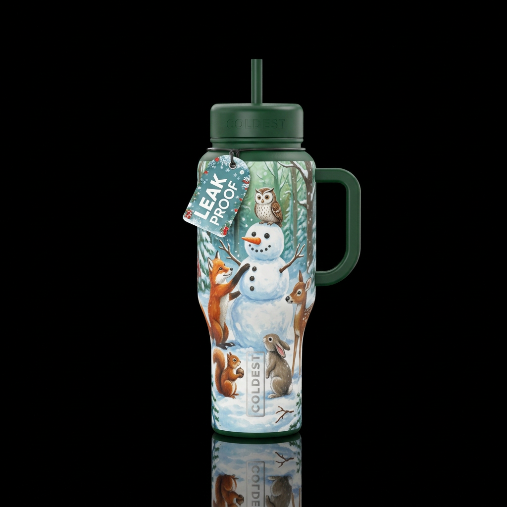 Woodland critters building a snowman water bottle design