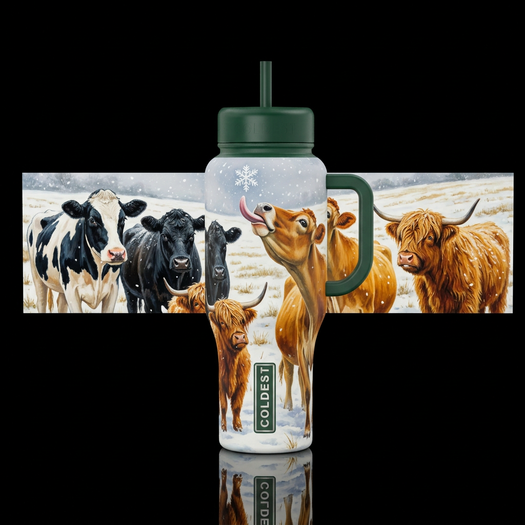Cows catching snowflakes on their long tounges in ... water bottle design