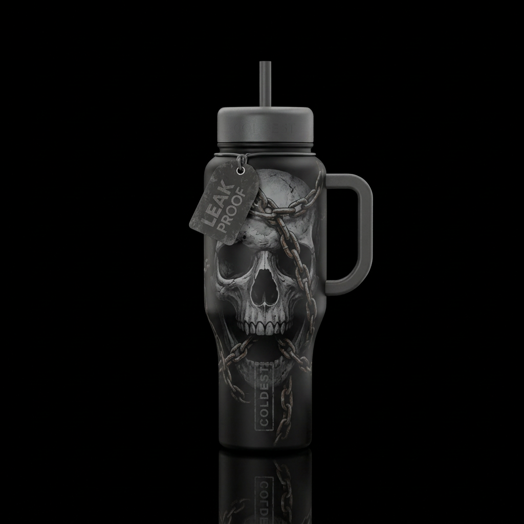 Black tumbler with faded grey skull and chains water bottle design