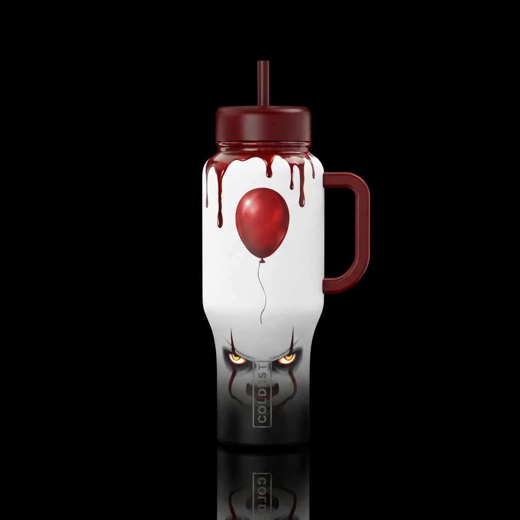 White cup with dark blood red handle and lid. Sing... water bottle design