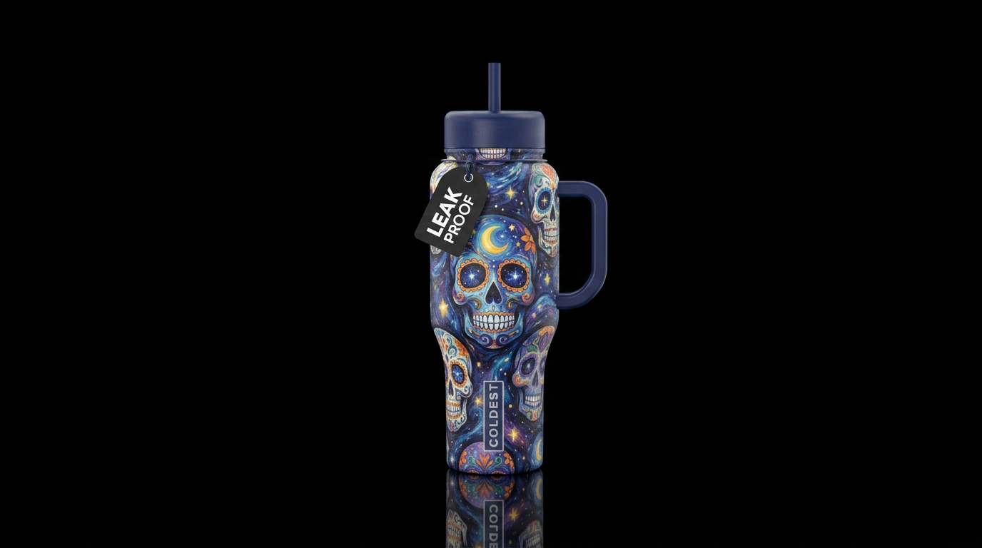 Starry night sugar skulls water bottle design