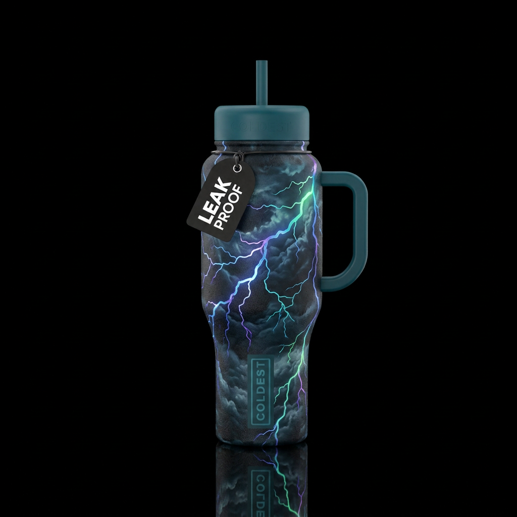 Thunderstorm themed cup with iridescent lightening water bottle design