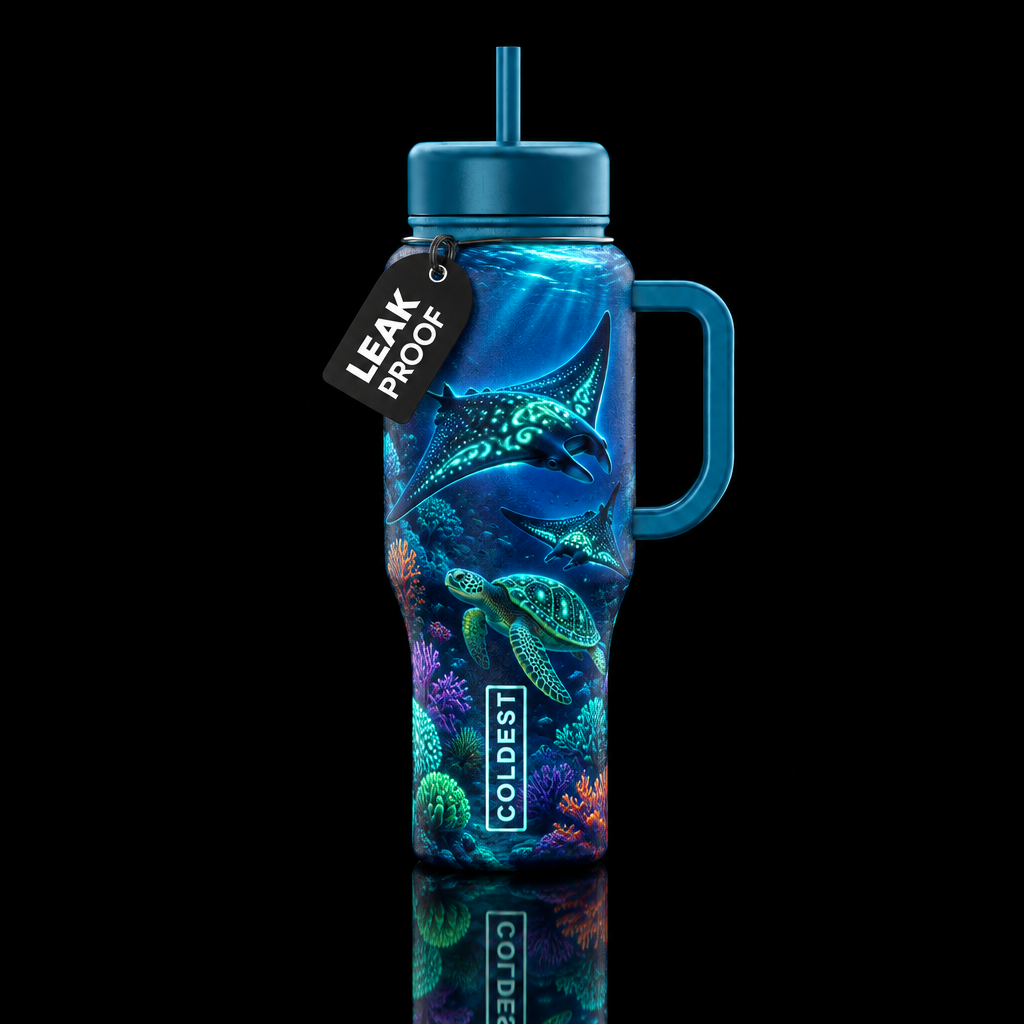 Sting rays and turtles  swimming thru coral reef w... water bottle design