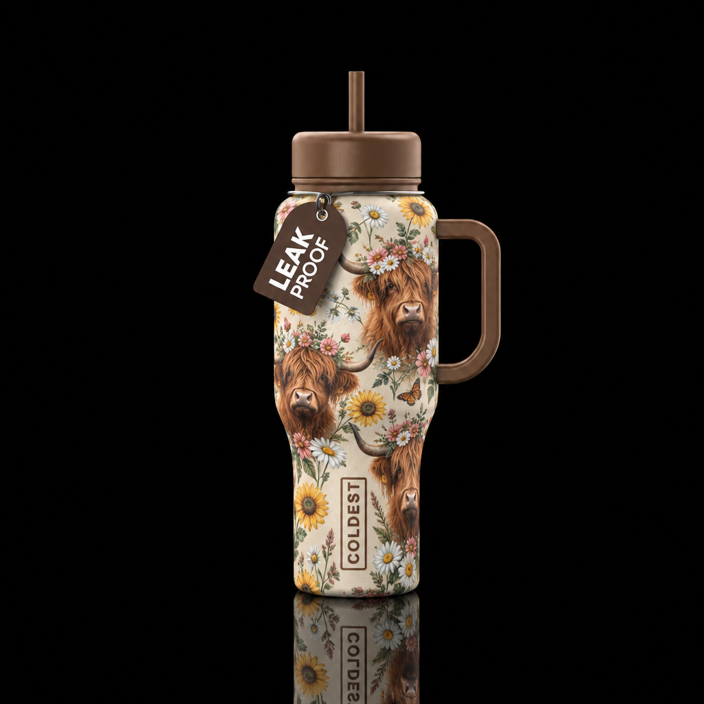 Delicate floral background with highland cows, bro... water bottle design