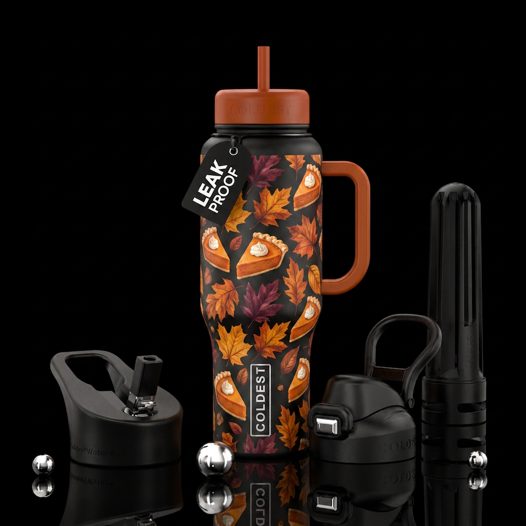 Fall leaves and pumpkin pie slices water bottle design