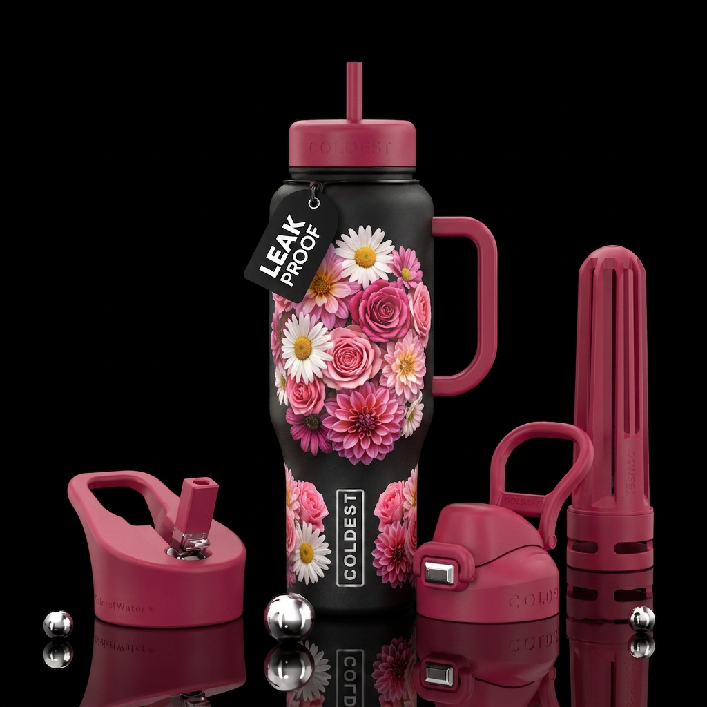 Daisy rose dahlia water bottle design