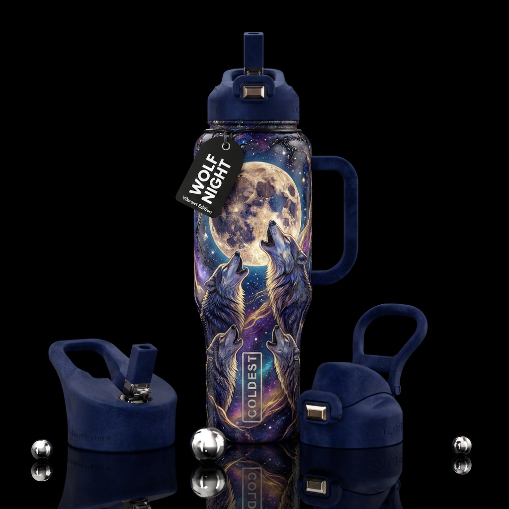 Wolves and the moon water bottle design