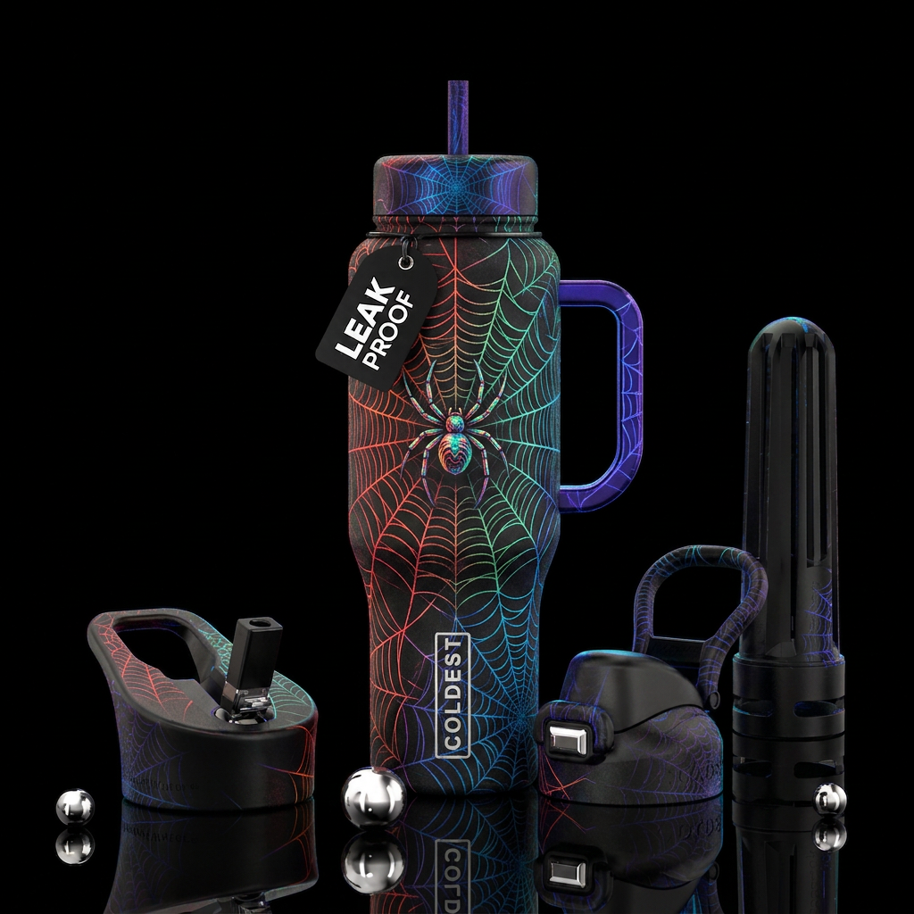 Spiderweb with spider water bottle design