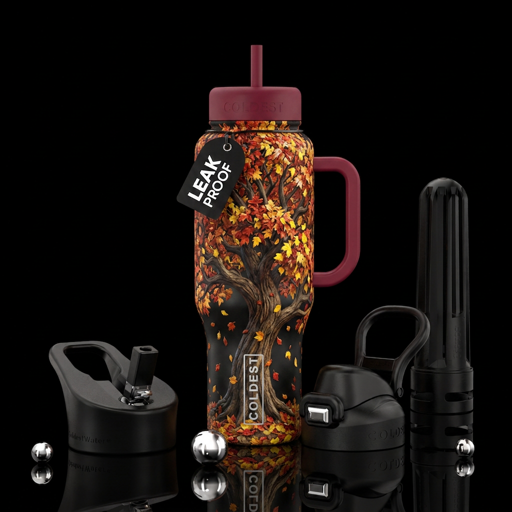Tree with leaves falling down fall vibes water bottle design