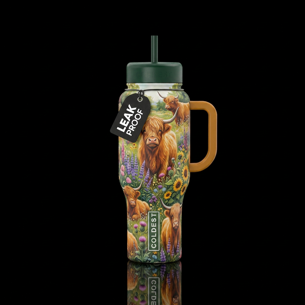 Highland cows, garden water bottle design