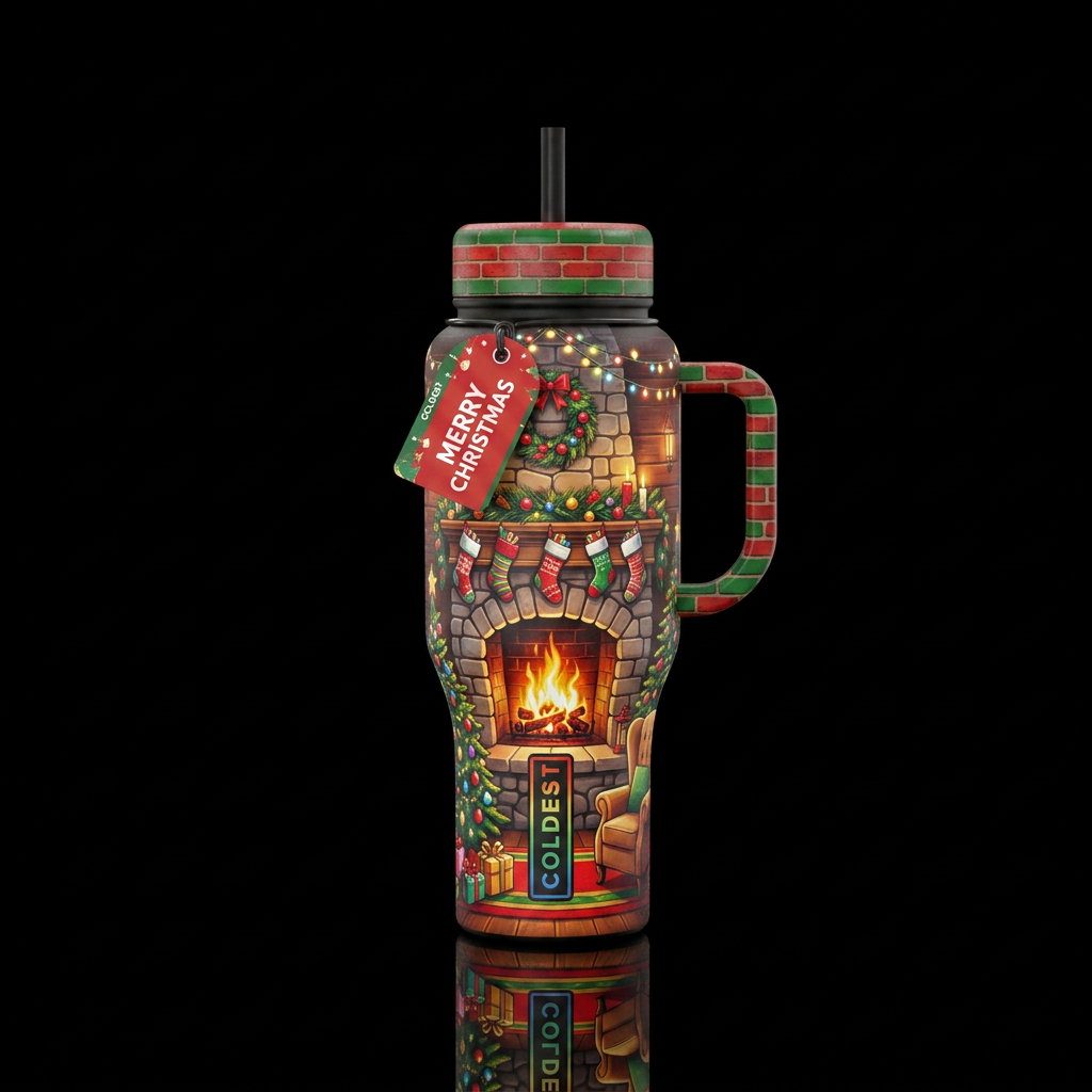 Christmas fireplace water bottle design