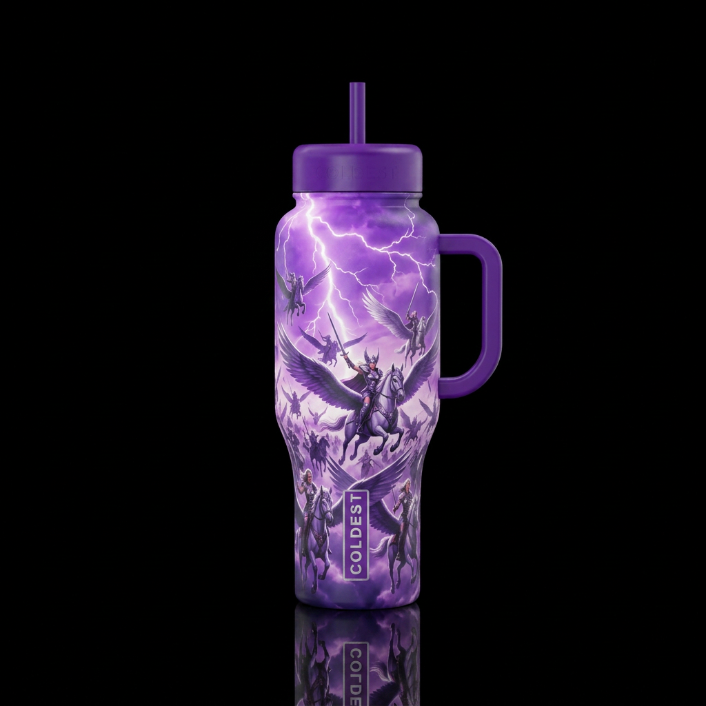 Many Valkyrie flying in a lightning bright purple ... water bottle design