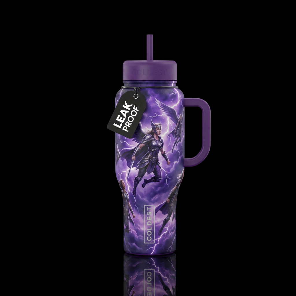 Many Valkyrie flying in a lightning purple sky water bottle design