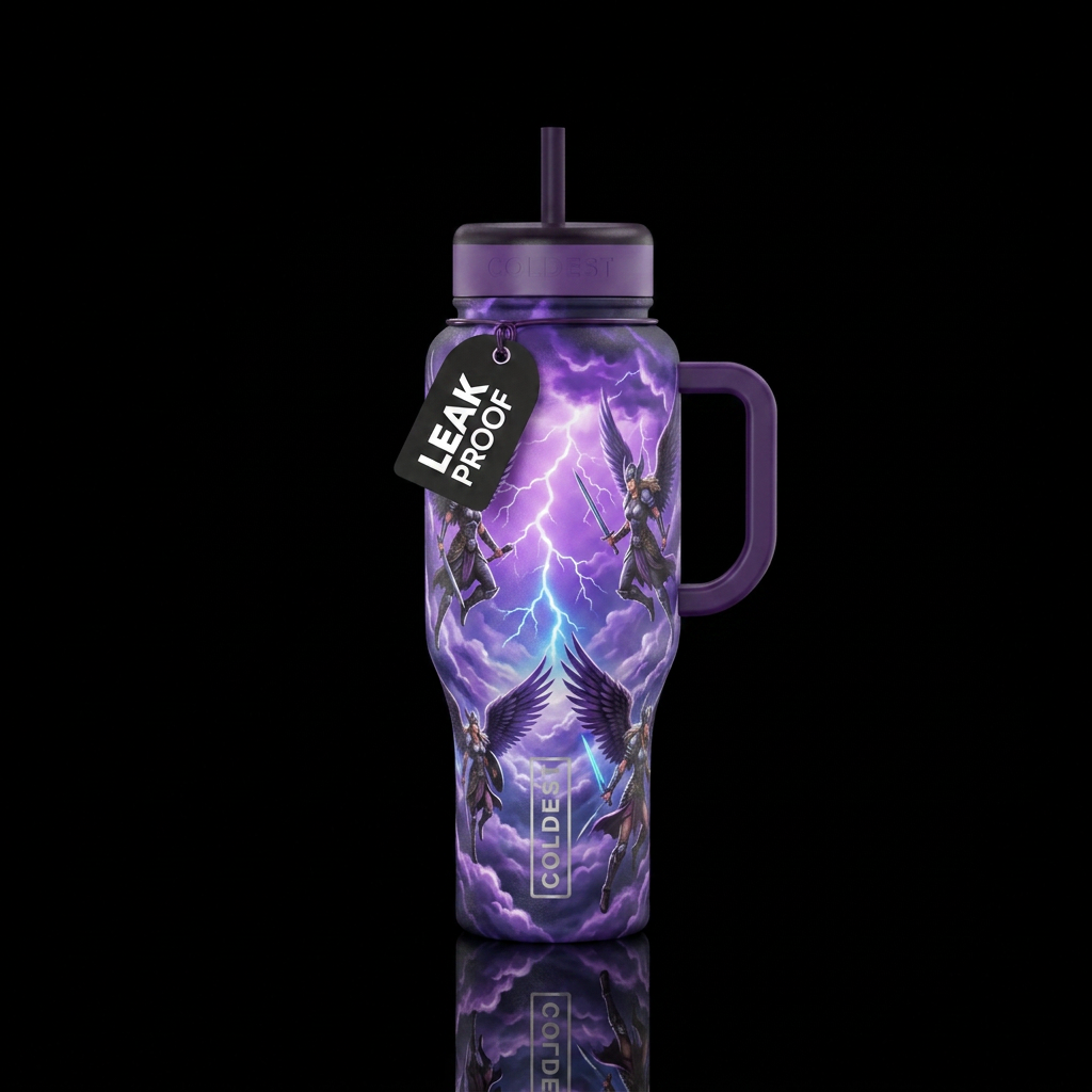 Many Valkyrie flying in a lightning bright purple ... water bottle design