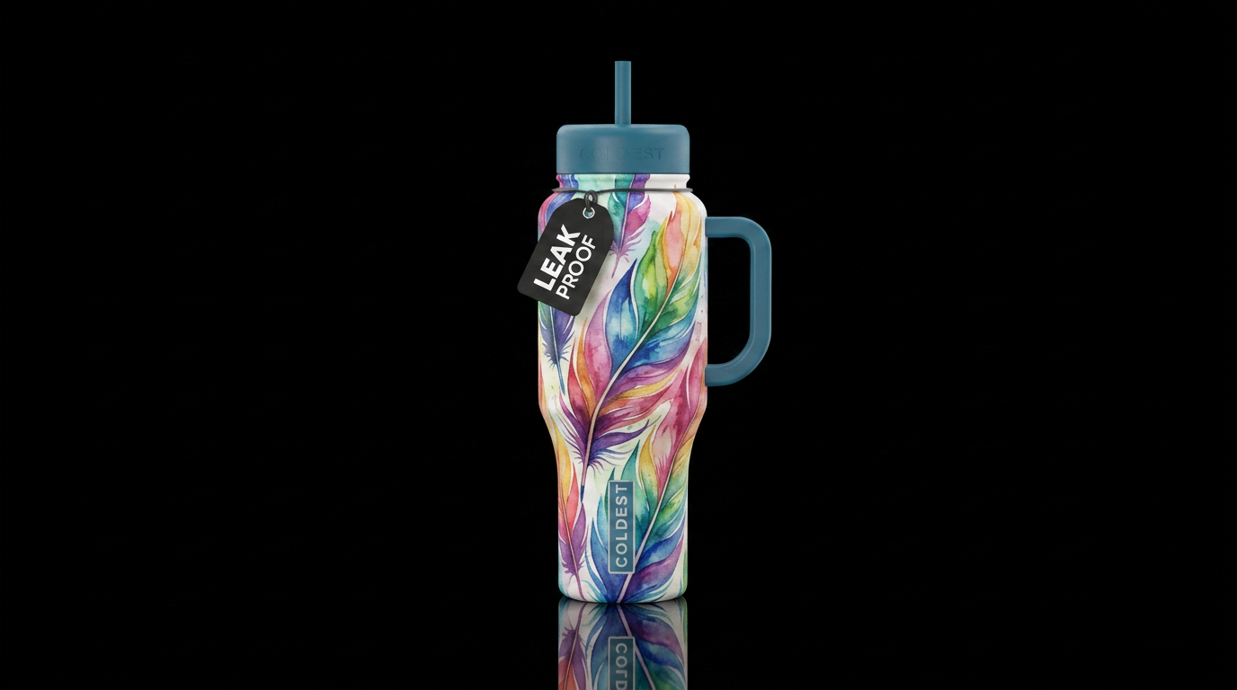 Feathers, whimsical, happy mood, watercolor, vibra... water bottle design
