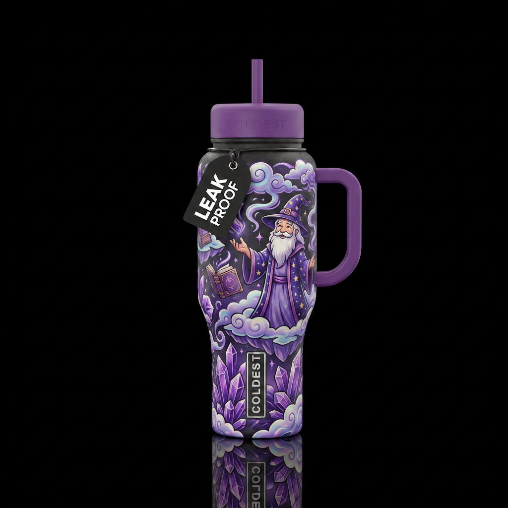 amethyst, clouds, happy mood, wizard, mythical water bottle design