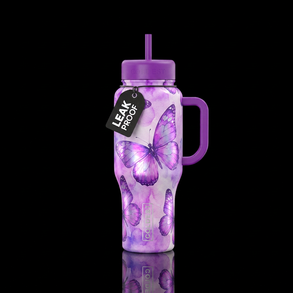 Shinning bright purple, watercolor, butterfly water bottle design
