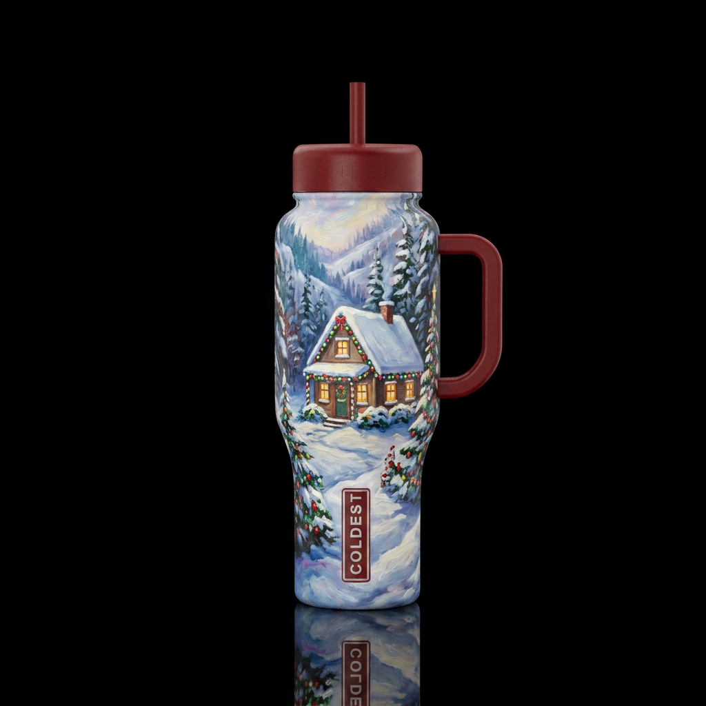 Small house with Christmas decorations in a snow c... water bottle design