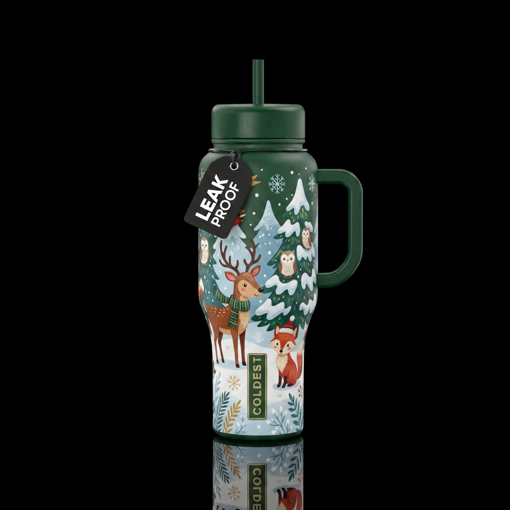 winter wonderland, whimsical, forest animals,, car... water bottle design