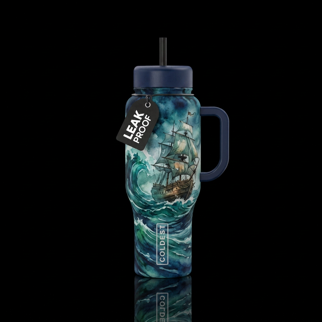 watercolor, seamless, dark mood,   stormy  seas wi... water bottle design