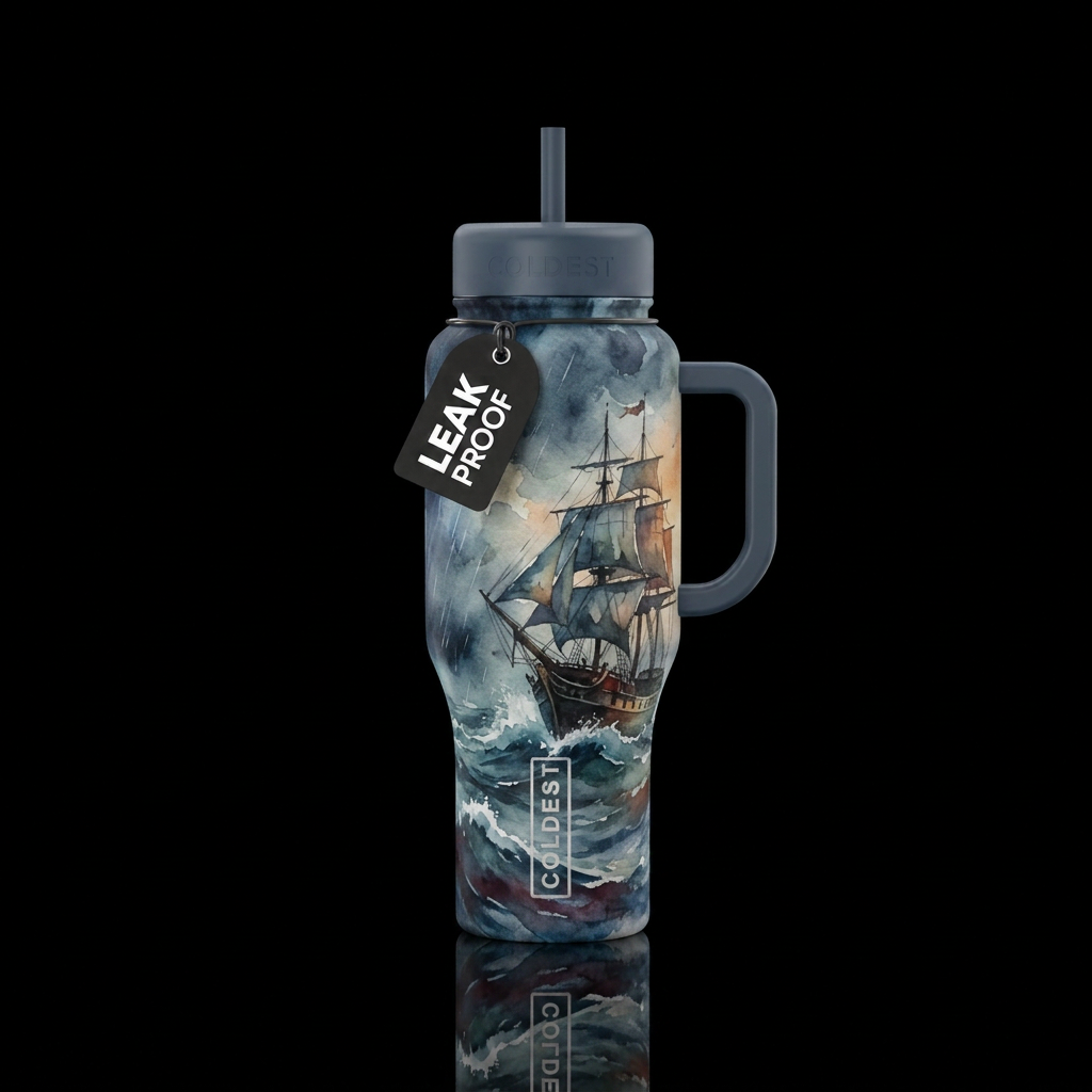 watercolor, seamless, dark mood,   stormy  seas wi... water bottle design