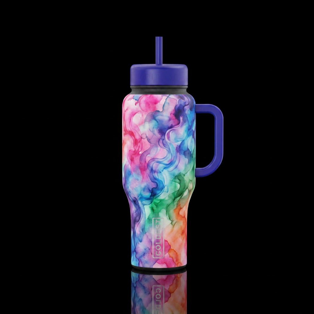 playful, watercolor, smoke,  lighting water bottle design