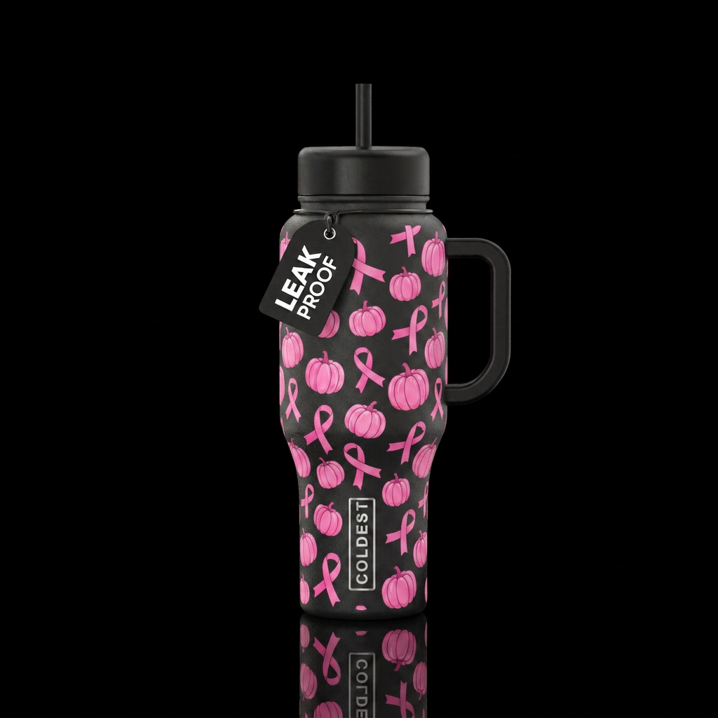 Pink, pumpkins,  brest cancer ribbons, seamless water bottle design