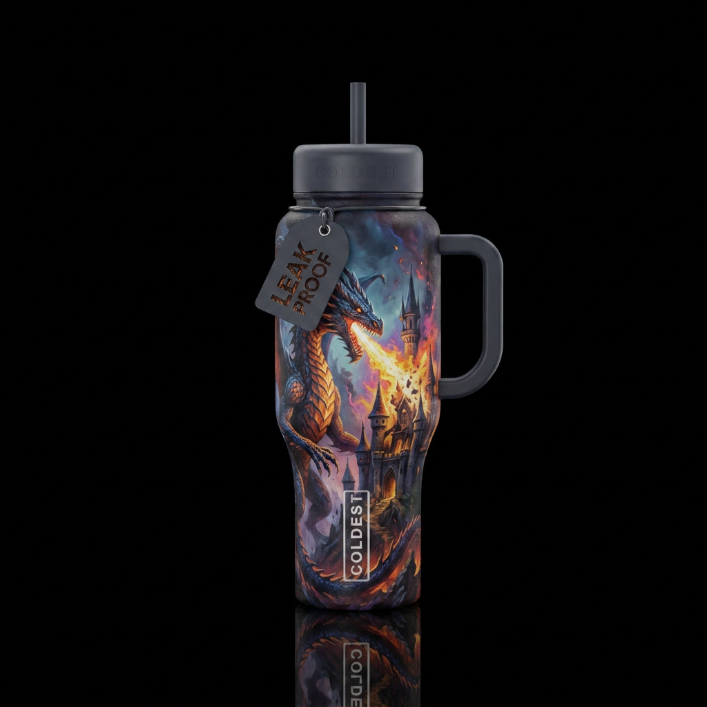 dragon attaching a castle,, painting, dark mood, e... water bottle design