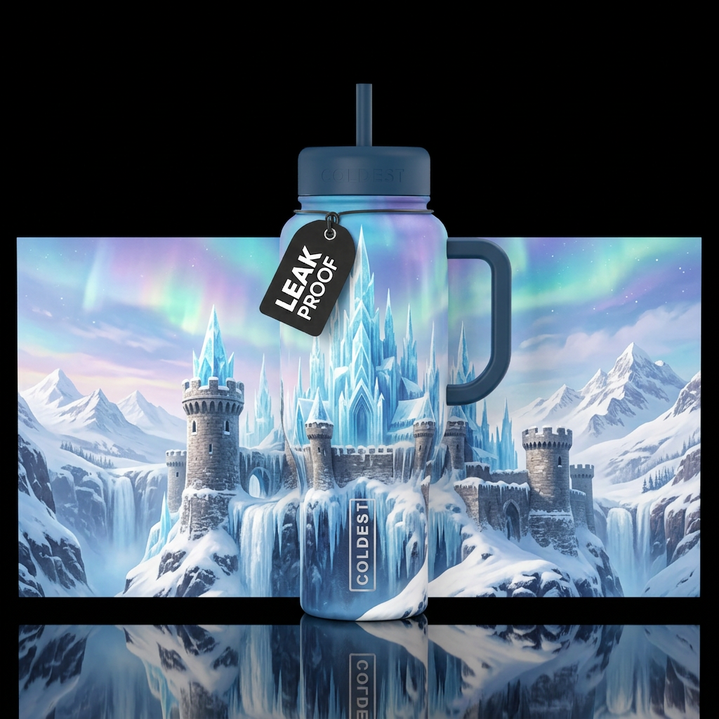 Ice castle, beautiul, ancient, seamless,  snowy mo... water bottle design