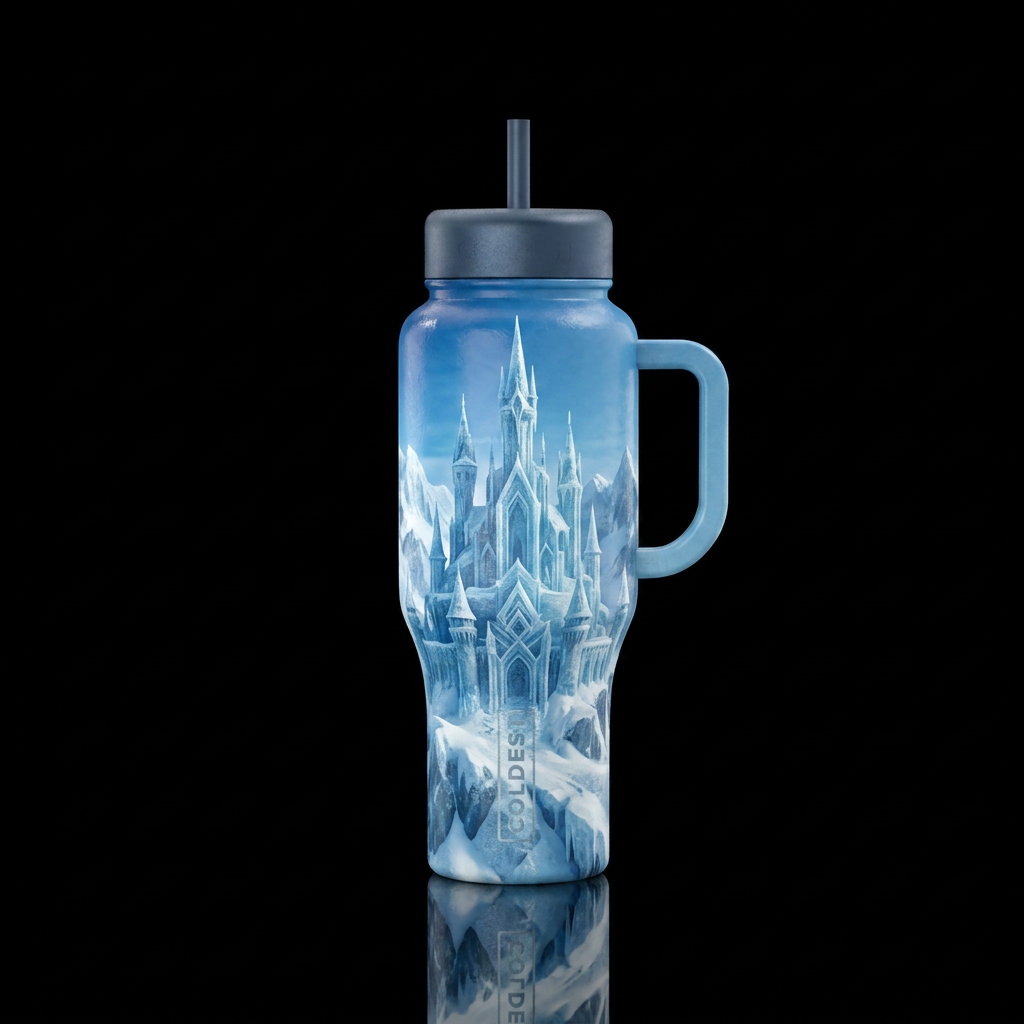 Ice castle, beautiul, ancient, seamless,  snowy mo... water bottle design