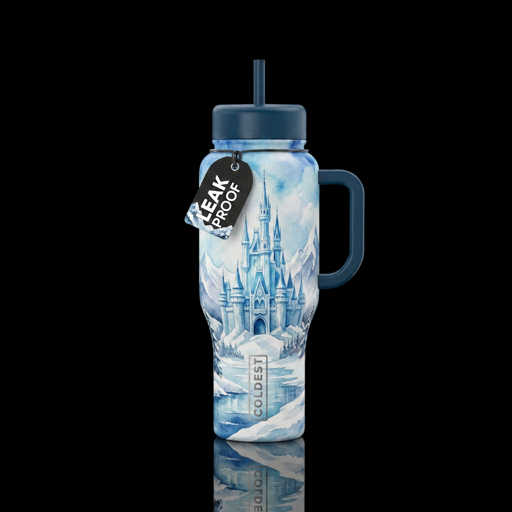 Ice castle,, watercolor, seamless, snowy mountains water bottle design