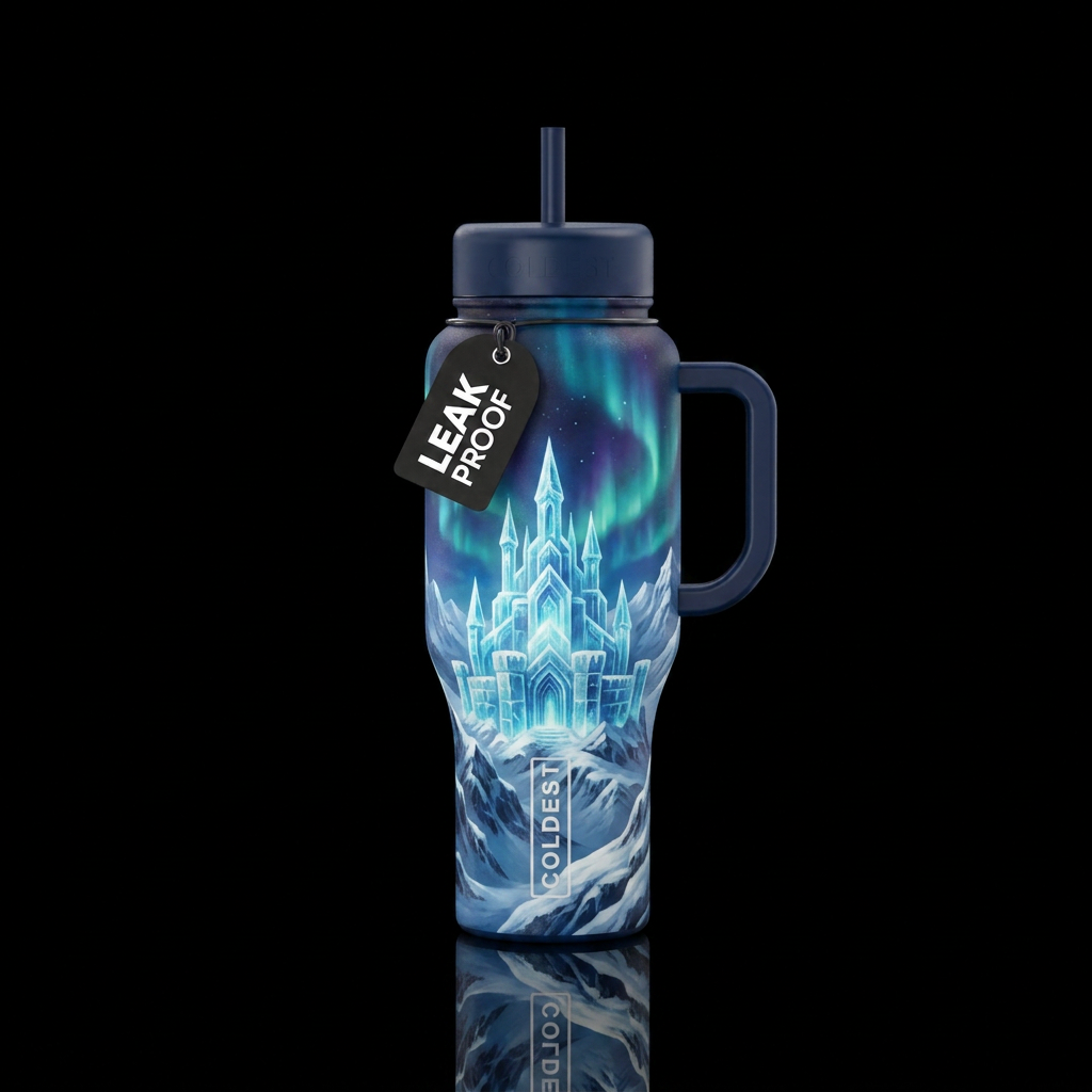 Ice castle in snowy mountains with northern lights... water bottle design