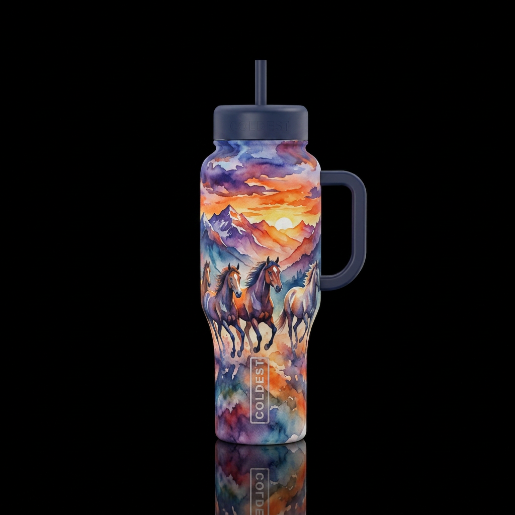 Horses running with mountain sunset, seamless,  a ... water bottle design