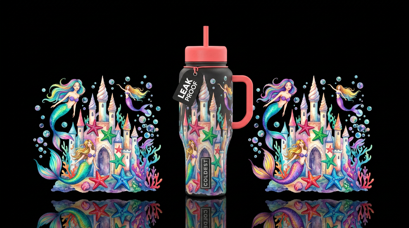 Underwater castle with bright colored mermaids, co... water bottle design