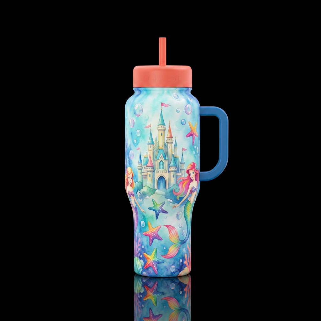 Underwater castle with bright colored mermaids, co... water bottle design
