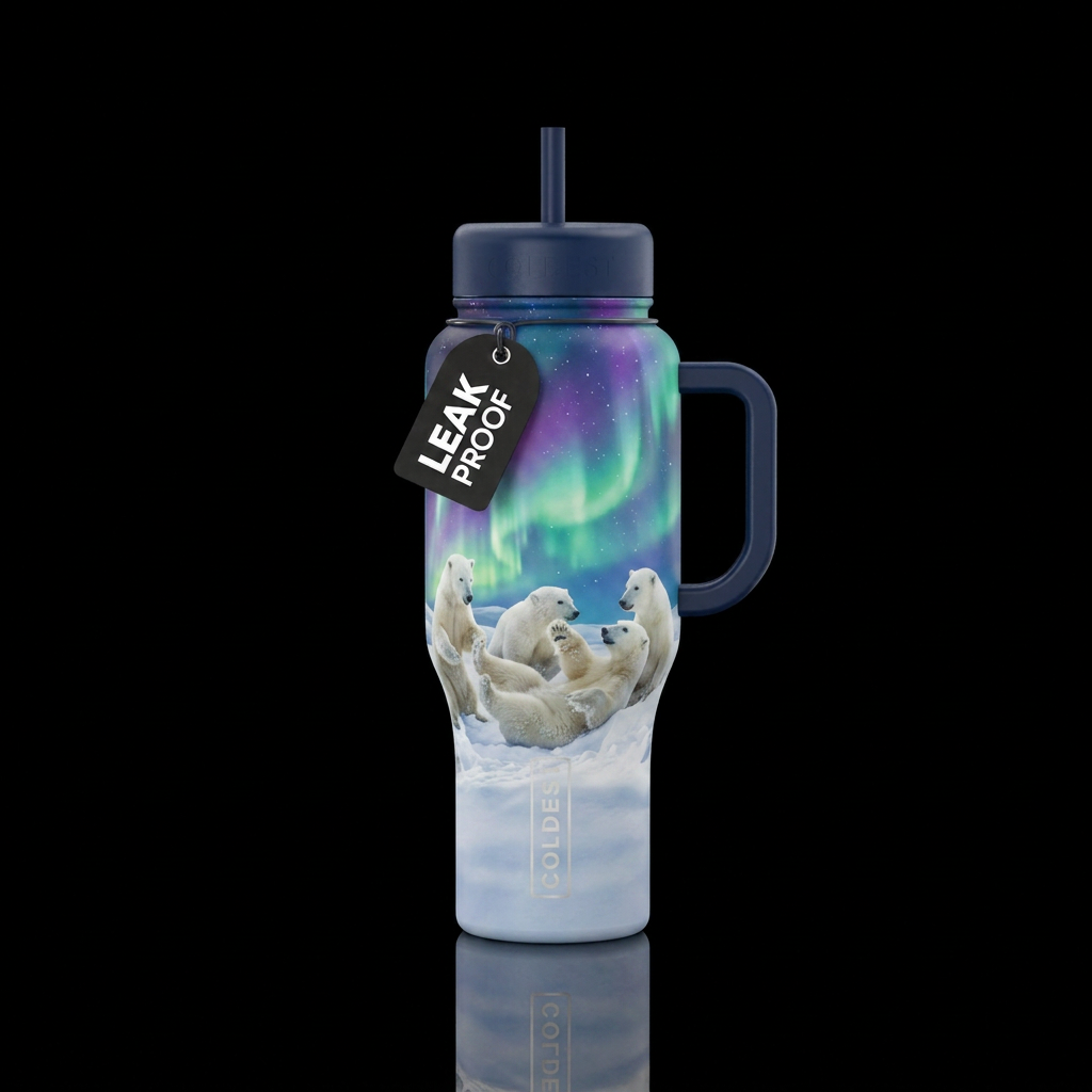 polar bears playing in the snow with northern ligh... water bottle design