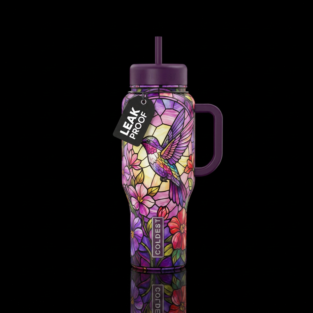 Stain glass hummingbird and flowers, purple, pink,... water bottle design