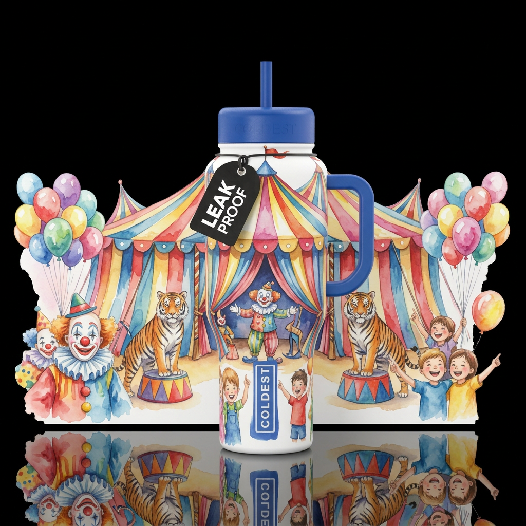 Curious with clowns, tigers, balloons, children, i... water bottle design