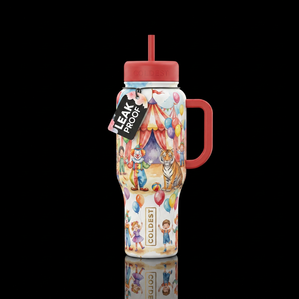 Curious with clowns, tigers, balloons, children, i... water bottle design