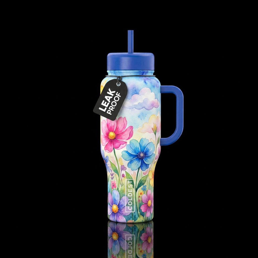 secret garden with over sized flowers in bight vib... water bottle design