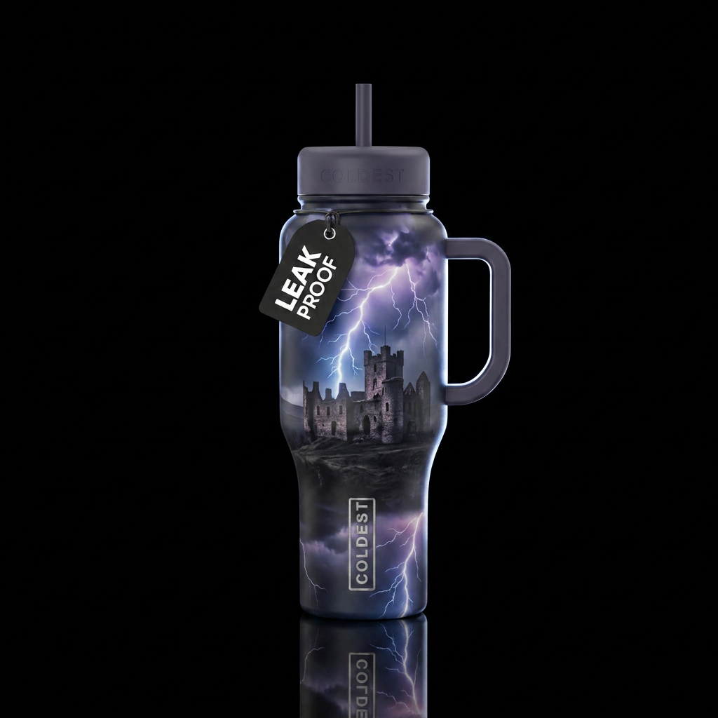 dark mood, lightning over an old run down castle water bottle design