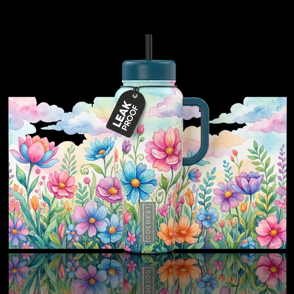 secret garden with over sized flowers in bight vib... water bottle design