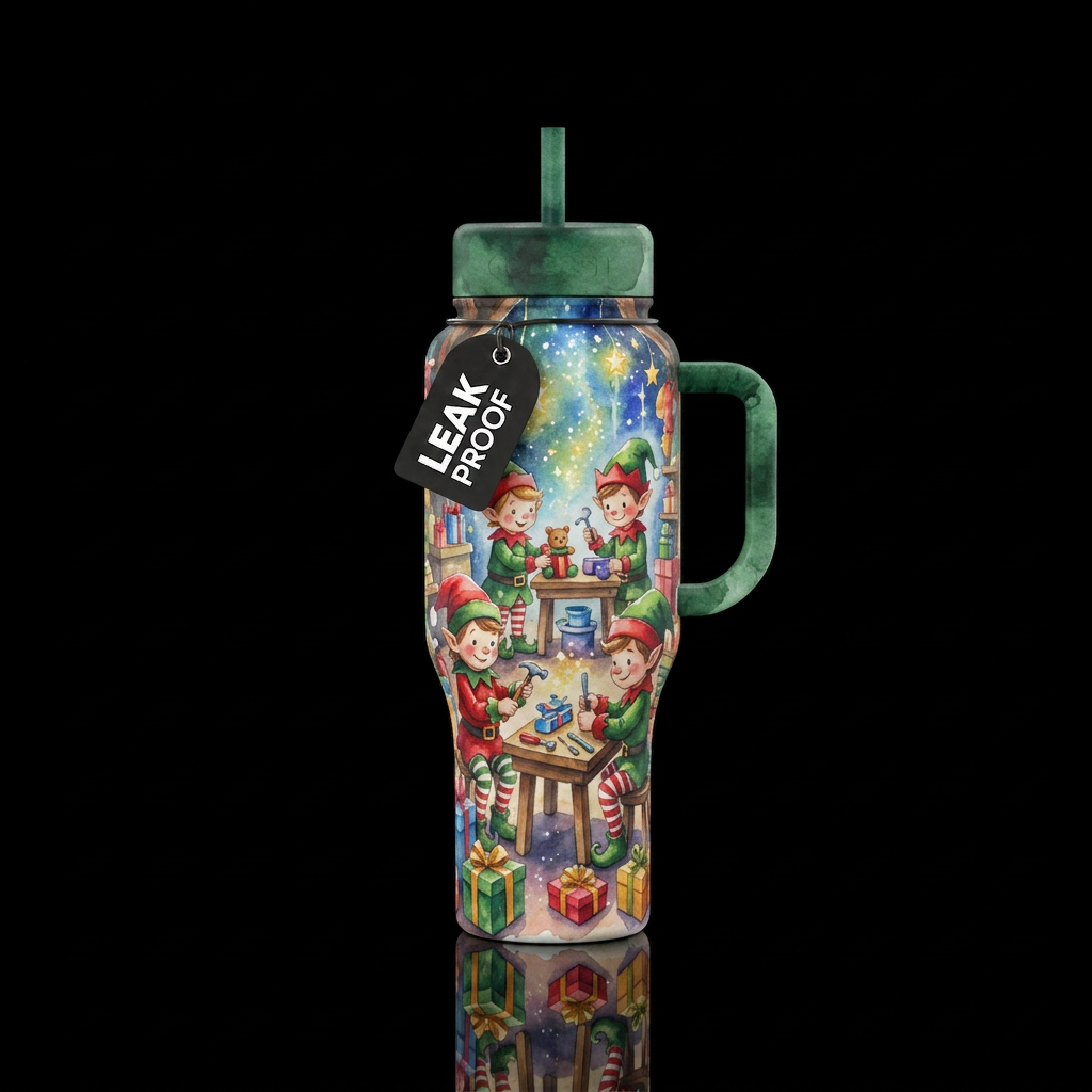 Santa's elves making toyes at Santa's work shop, v... water bottle design